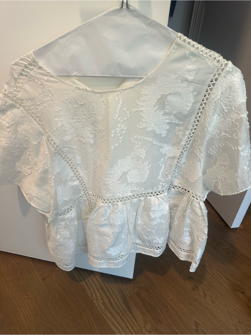 & Other Stories White Embroidered Peplum Flutter-Sleeve Top